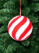 15cm Flocked Ball Bauble With White Tinsel Flecks & Red Candy Swirls