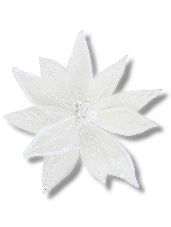 Ethereal White Organza & Shimmer Sequin Poinsettia Clip Stem | 30cm