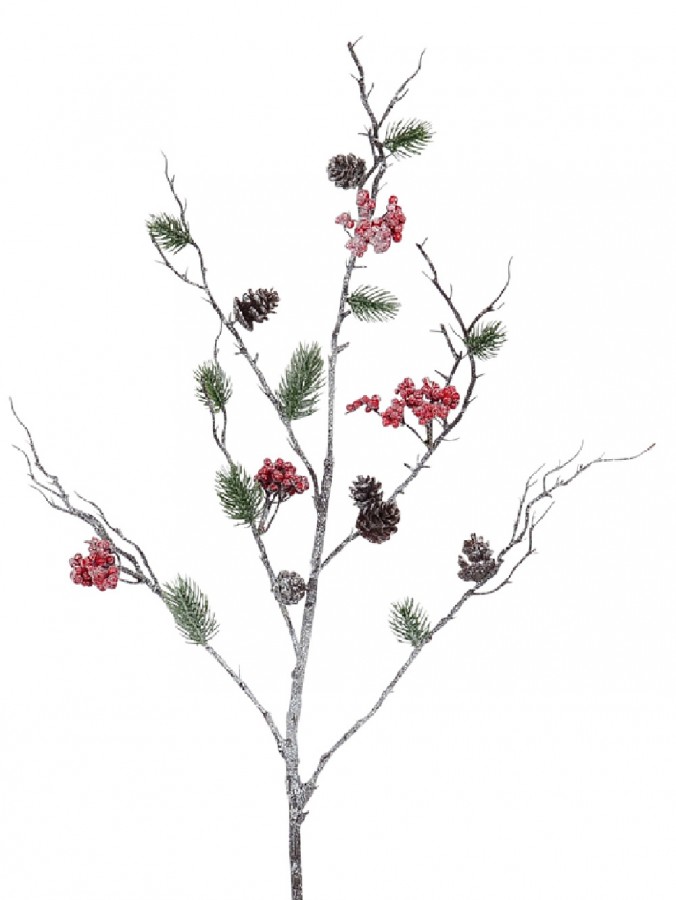 Frosted Mixed Foliage & Berries Branch Christmas Floral Decorative Stem - 1m