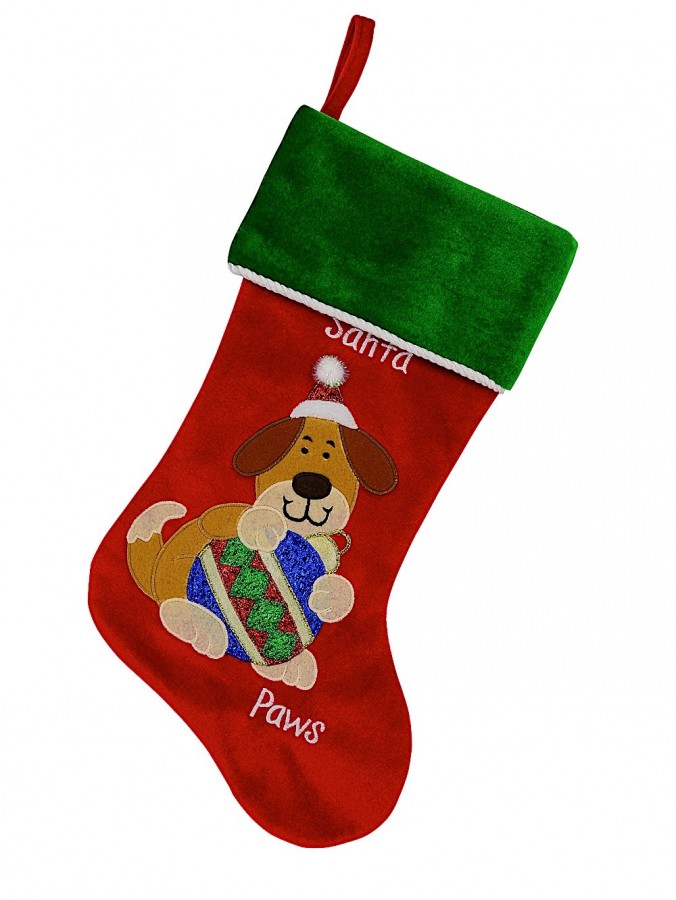 Red Velvet Santa Paws Christmas Stocking With Dog Embroidery - 40cm