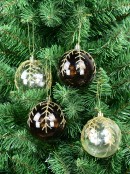 4x 80mm Brown & Clear Christmas Baubles Decorated With Glitter Snowflake