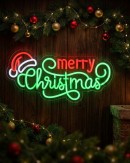 42cm Merry Christmas & Santa Hat Neon LED Display On Acrylic Board