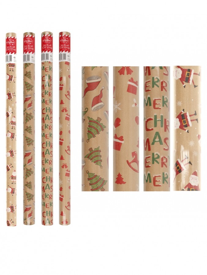Assorted 3m x 70cm Christmas Santa, Tree & Motto Kraft Paper Gift Wrap