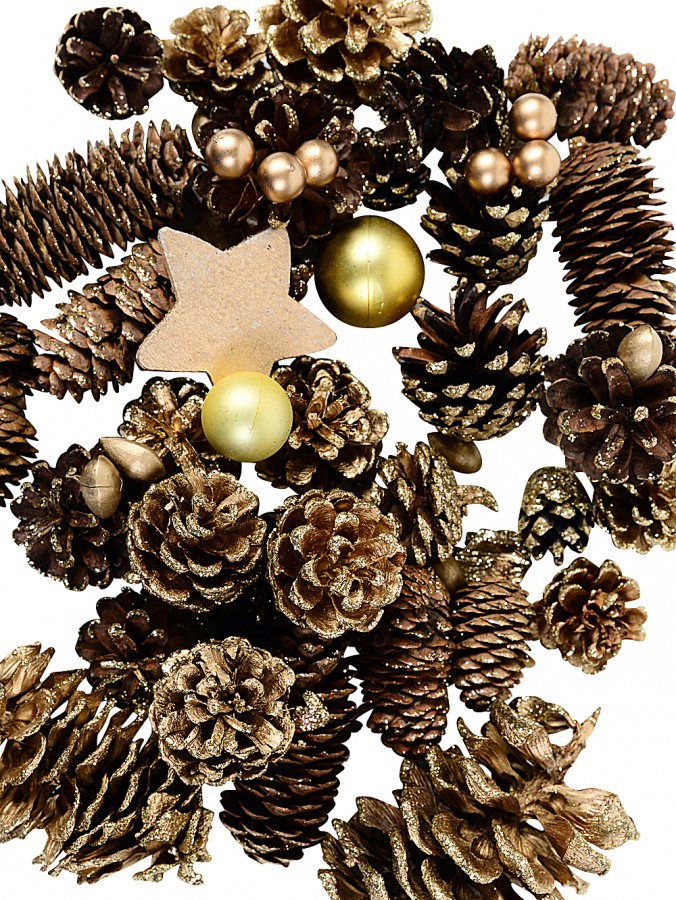 Gold Pine Cones, Stars & Baubles Assorted Christmas Decoration Mix - 300g