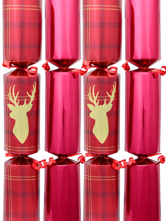 Reindeer Bust on Tartan Look & Plain Burgundy Christmas Bon Bons - 50 x 30cm