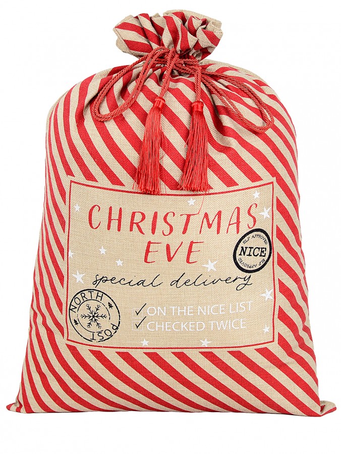 70cm Natural Jute Red Striped Special Delivery Christmas Eve Santa Sack
