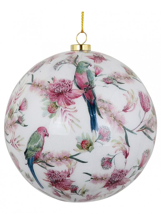 Heritage Glossy White Signature King Parrot Decoupage Bauble | 10cm