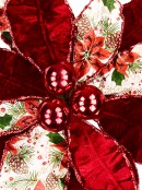 Red & Foliage Print Fabric With Glitter & Baubles Poinsettia Clip Pick - 38cm Wide