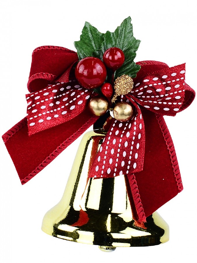 Shiny Gold Christmas Bell Hanging Decoration With Red Bow & Holly - 10cm