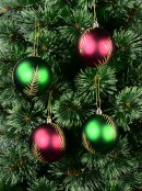 4x Burgundy & Emerald Satin Botanical Fir Whimsical Signature Baubles | 80mm