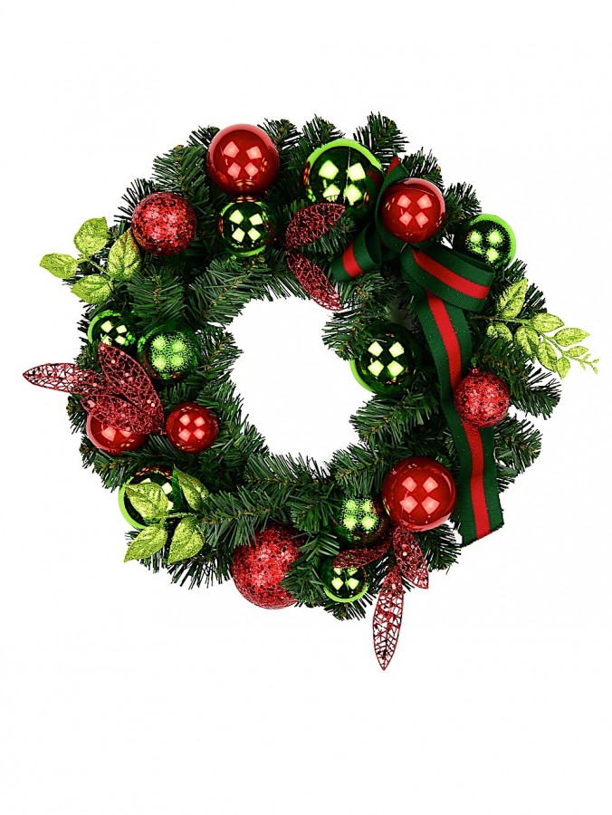 Red & Green Wreath With Baubles & Striped Ribbon - 48cm