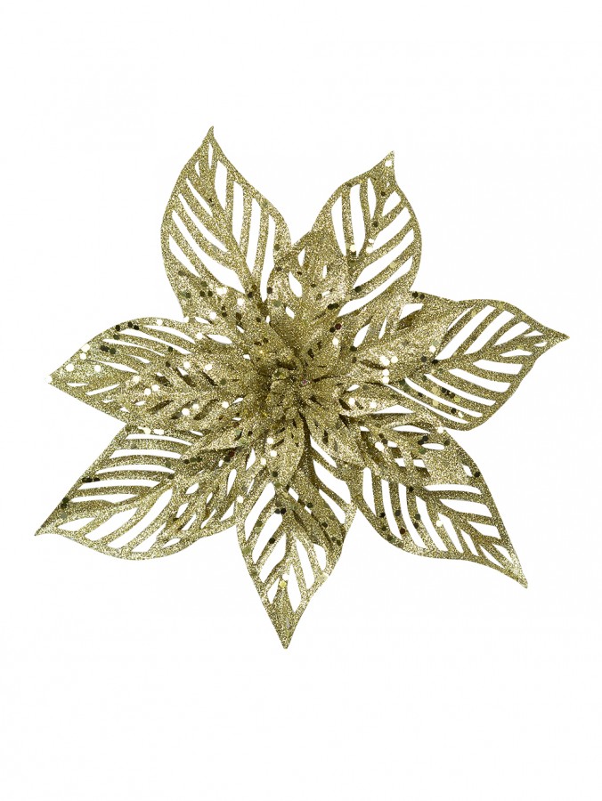 Pale Gold Glittered Poinsettia Decorative Christmas Flower Pick - 15cm