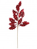 80cm Red Velvet Holly Leaf & Snow Berries Long Christmas Stem