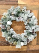 60cm Decorated Flocked Pine & Spruce Wreath | Gold, Silver & White Baubles