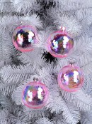 Pink Tinted & Iridescent Soap Bubble Look Clear Christmas Baubles - 4 x 80mm