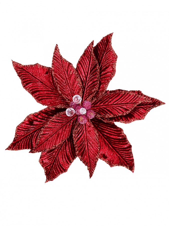 Red Velour Poinsettia With Glitter & Sequins Christmas Clip Pick- 28cm Wide