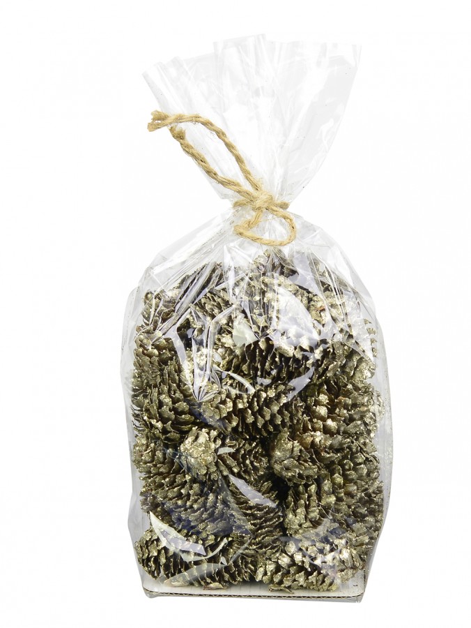 Decorative Gold & Champagne Glittered Round Christmas Pine Cones - 100g