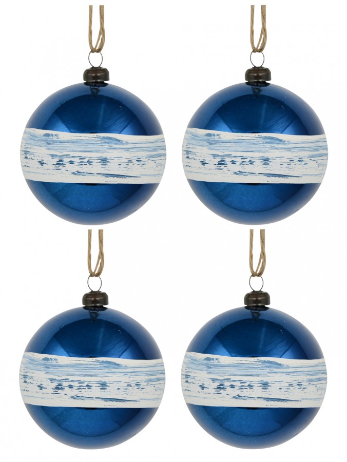 Blue Gloss Baubles With Cream Stripe Band - 4 x 80mm