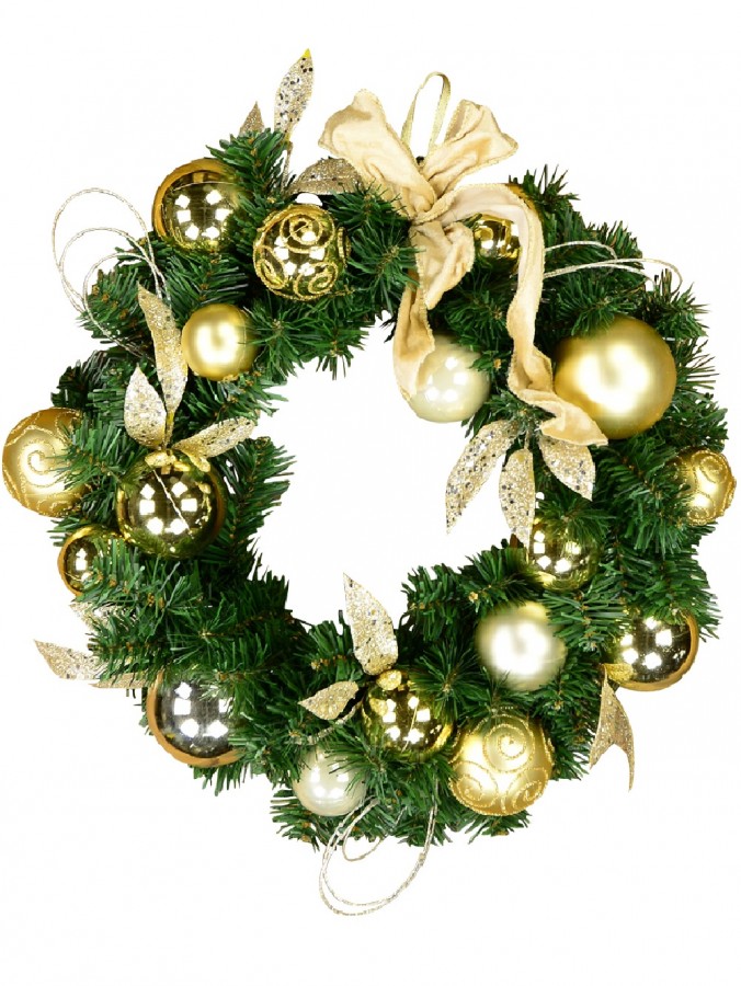 Decorated Gold & Champagne Bauble, Leaf Stem & Bow Pine Wreath - 45cm