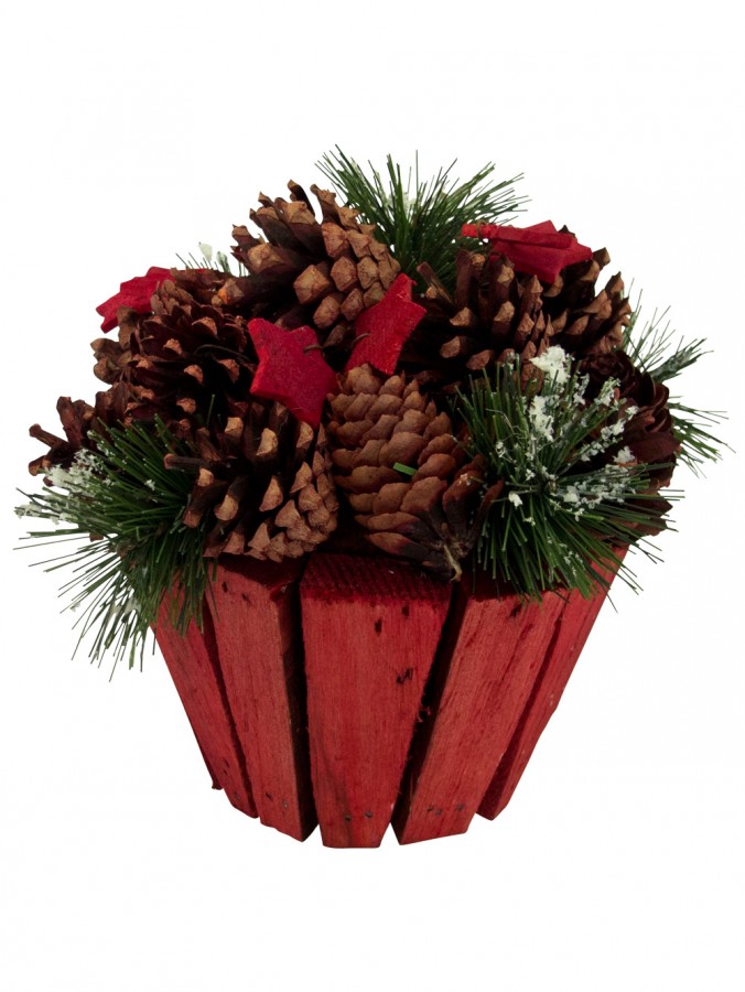 Red Wood Potted Pine Cones & Stars Table Decoration - 17cm