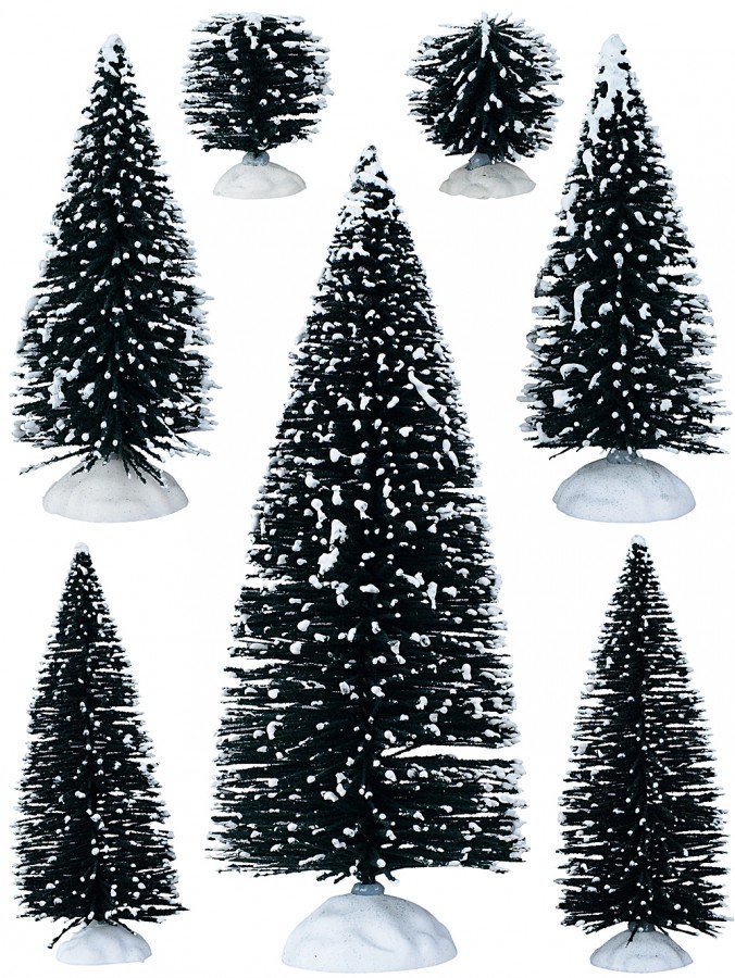 White Snow Tipped Green Christmas Fir Tree & Shrub Figurines - 9 Piece Set