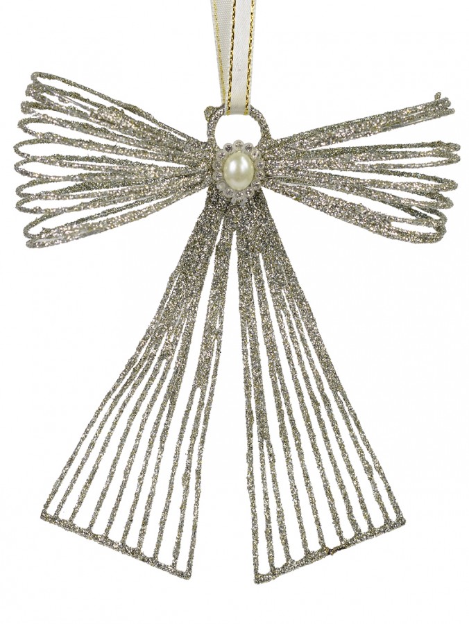 Silver Glitter Metal Ribbon Hanging Ornament With Pearl Embellishment - 12cm
