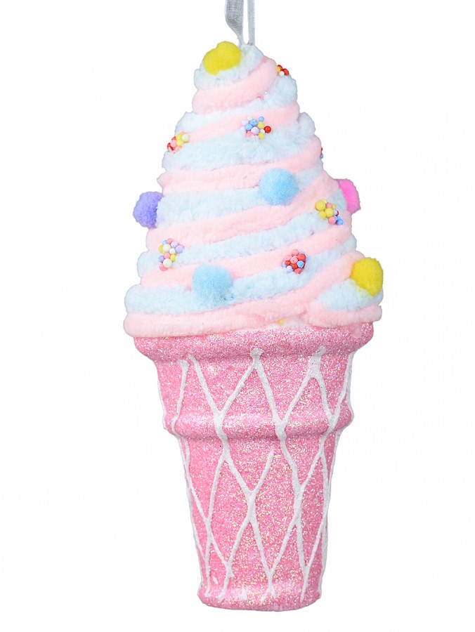 20cm Pink & Blue Ice Cream Cone With Toppings Christmas Tree Ornament