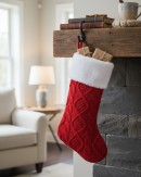 Red Twisted & Trellis Cable Knit Look Christmas Stocking With Faux Fur | 48cm