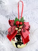 Shiny Gold Christmas Crotal Bell Bauble With Red Bow & Holly - 90mm