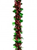 Red Ribbon Look & Green Holly Leaf Christmas Tinsel Garland - 2.7m