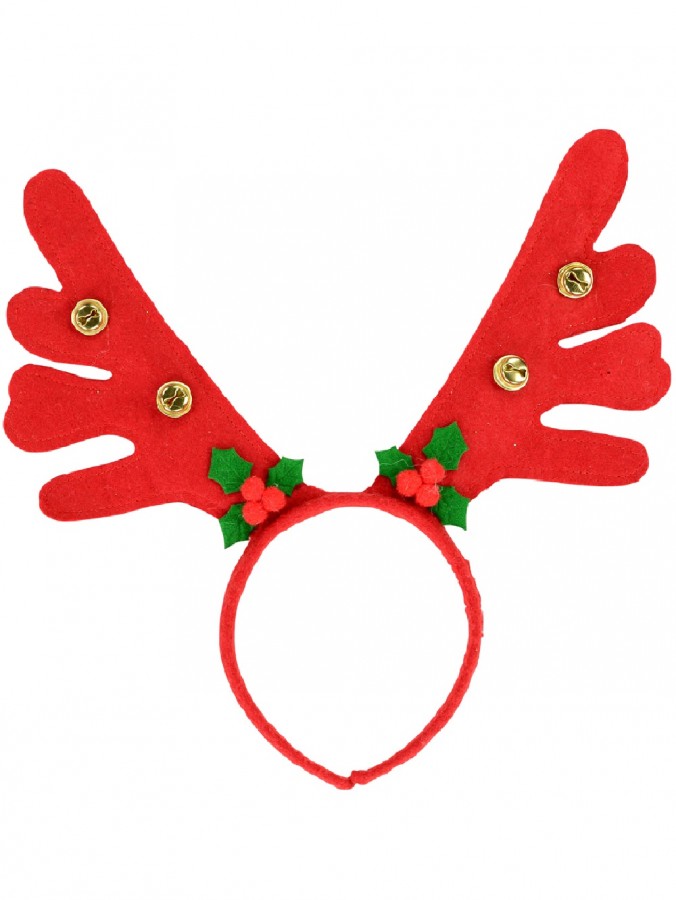 Felt Antlers Headband With Mistletoe & Functioning Bells - One Size Fits Most