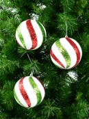 White with Red, Green & Silver Glitter Swirl Pattern Large Baubles - 3 x 12cm