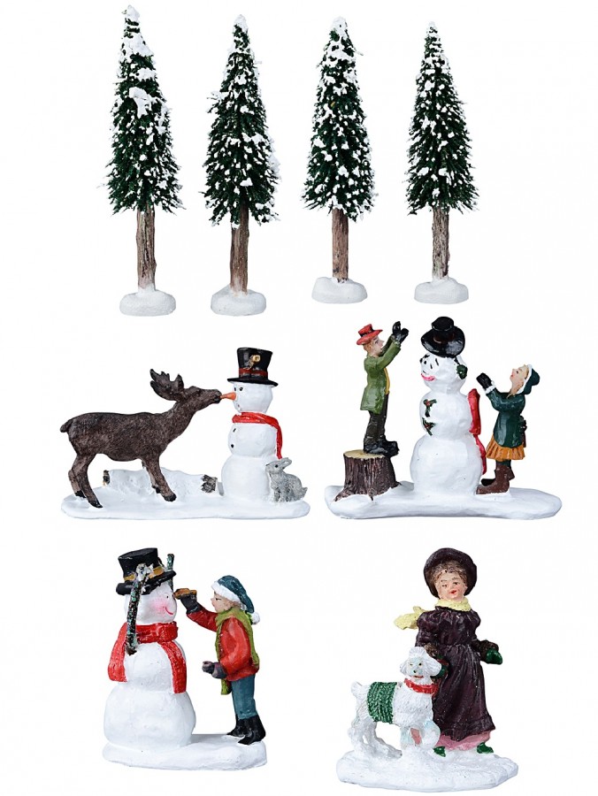 Building Snowmen In The Tree Snow Park Christmas Figurines - 8 Piece Set