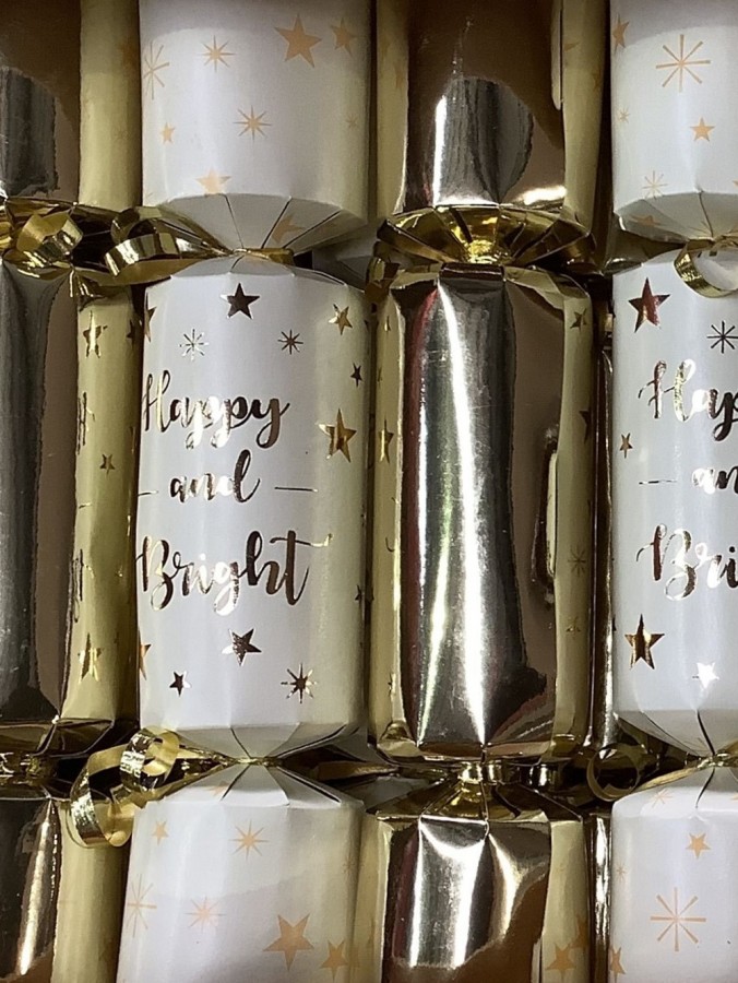 Gold & White Happy & Bright With Stars Pattern Christmas Bon Bons - 50 x 30cm