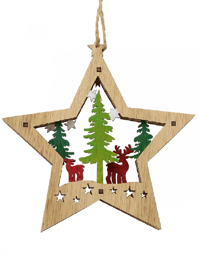 Wood Reindeer & Forest Star Scene Christmas Tree Hanging Decoration - 13cm