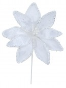 Winter White Velvet Poinsettia Long Stem With Silver Sequin Trim | 32cm