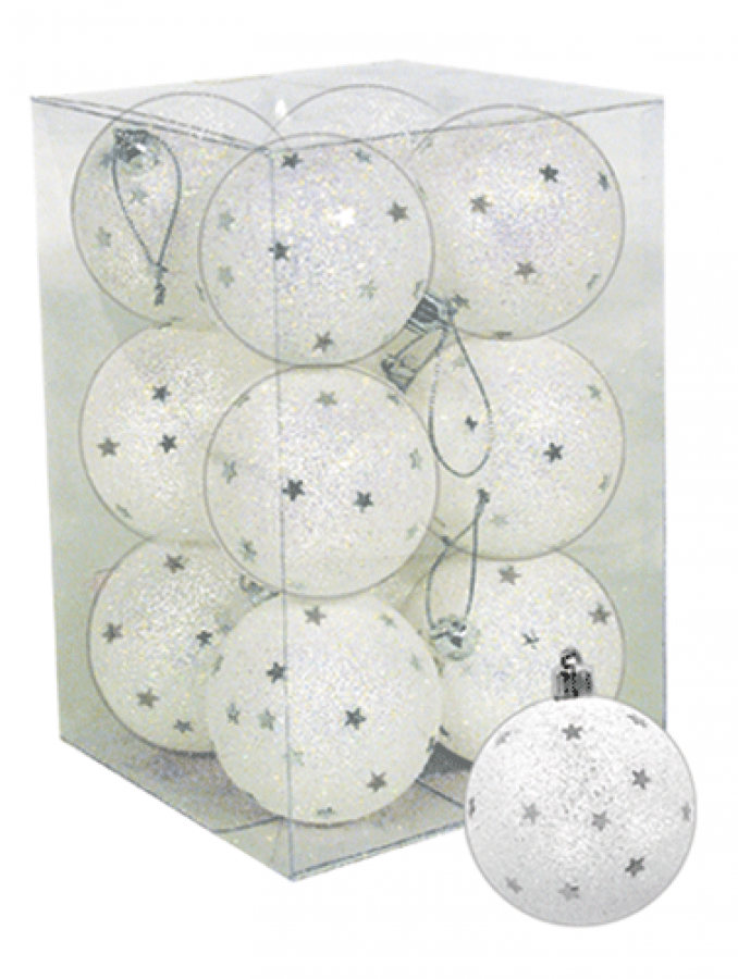 Frosted With Silver Star Christmas Baubles - 12 x 60mm