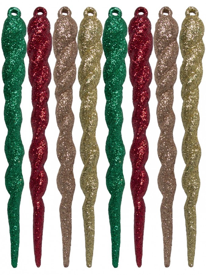 Red, Emerald Green & Gold Glittered Icicle Decorations - 12 x 13cm