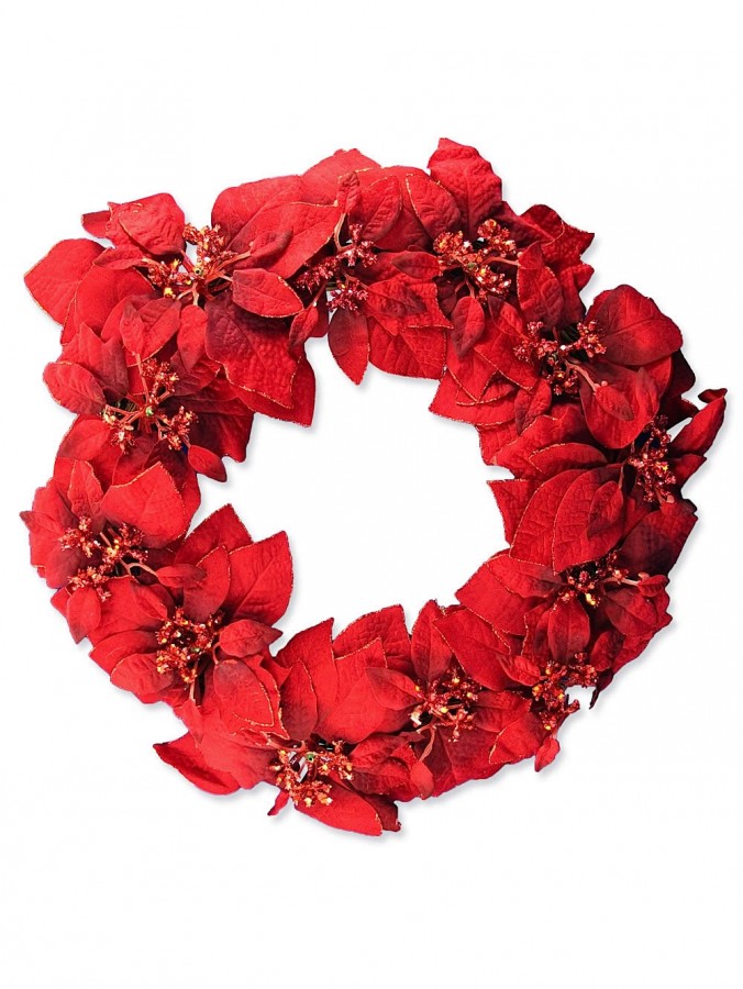 Pre-Decorated Twig Wreath With Poinsettia Flowers - 43cm