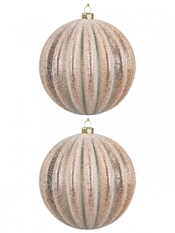 Rose Gold Ridge Textured Christmas Bauble Decorations With Glitter - 2 x 10cm