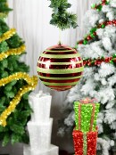 25cm Shiny Metallic Red & Green Glitter Stripe Large Display Christmas Bauble