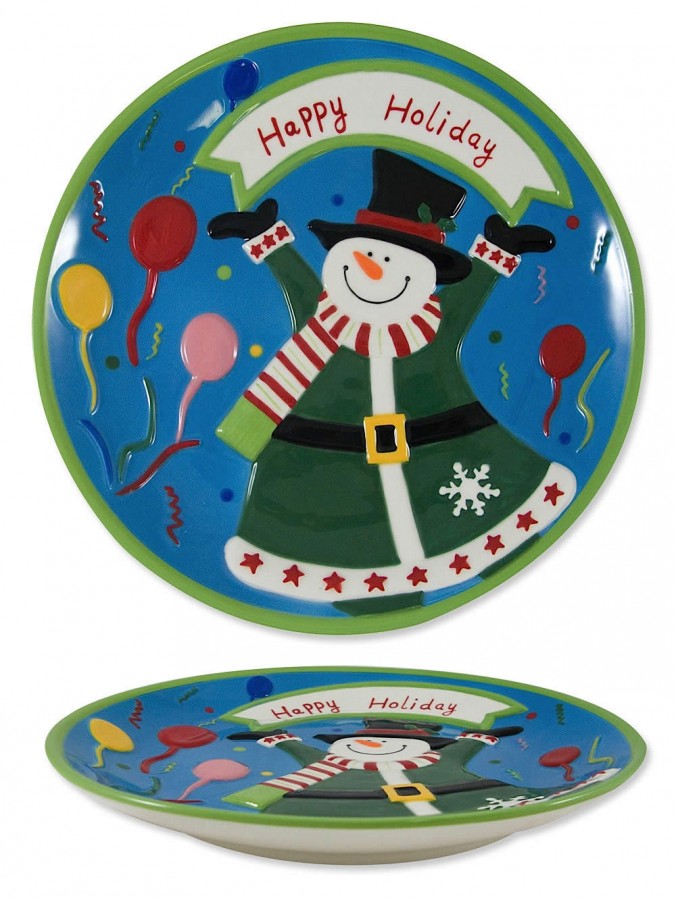 Ceramic Round Plate With Snowman Design - 25cm