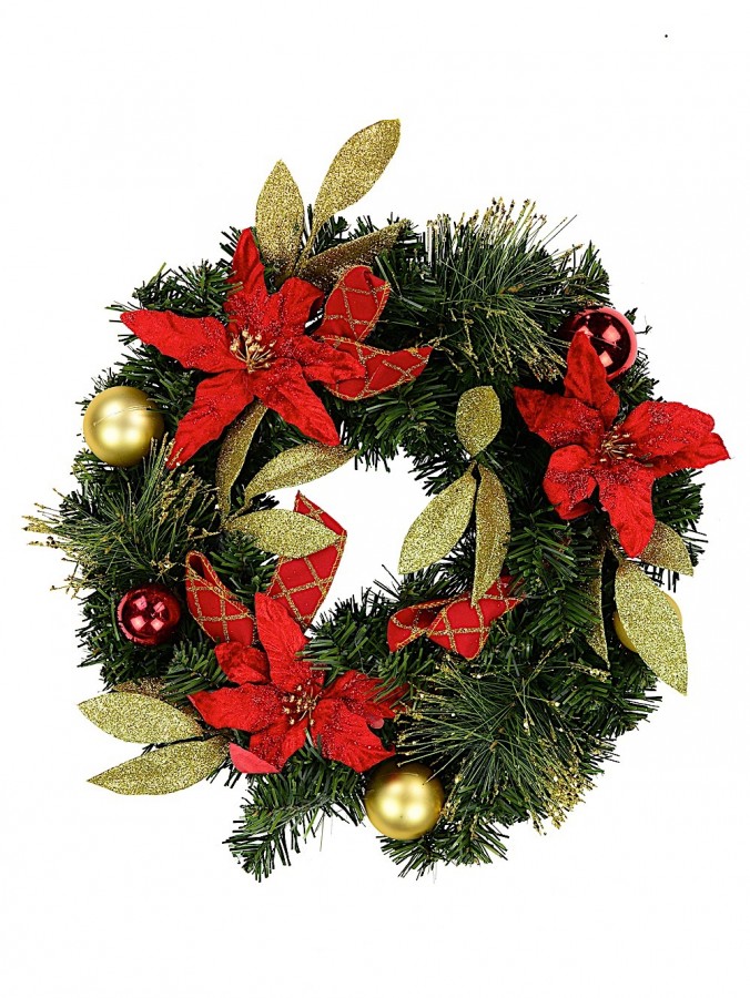 Red & Gold Wreath With Poinsettias, Baubles, Leaves & Gold Tips - 45cm