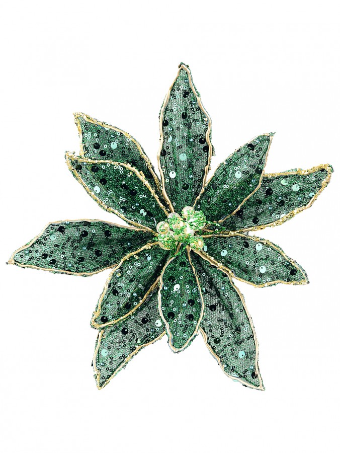 Deep Forest Green Mesh & Gilded Jewelled Poinsettia Clip Stem | 30cm