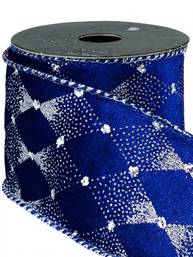 Blue Velvet Christmas Ribbon With Silver Diamond Pattern & Silver Edge - 3m
