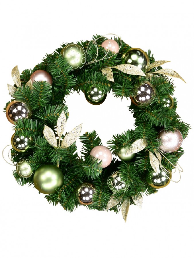 Decorated Pink & Mint Baubles, Whisker Loops & Leaf Stem Pine Wreath - 45cm