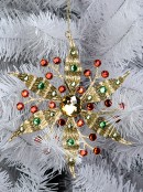 Gold Glitter Flower Hanging Christmas Decoration With Gem Simulants - 17cm