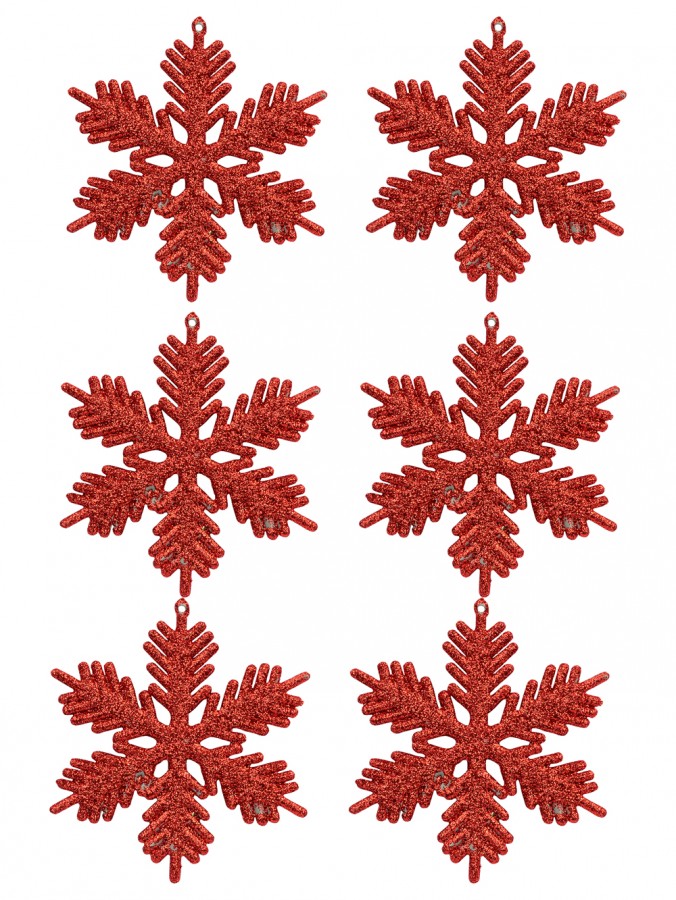 Red Snowflake Ornaments With Glitter - 6 x 10cm