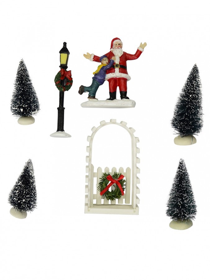 Traditional Santa, Lamppost, Gate & Trees Figurine Scene - 7 pieces