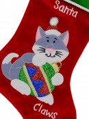 Red Velvet Santa Claws Christmas Stocking With Cat Embroidery - 40cm